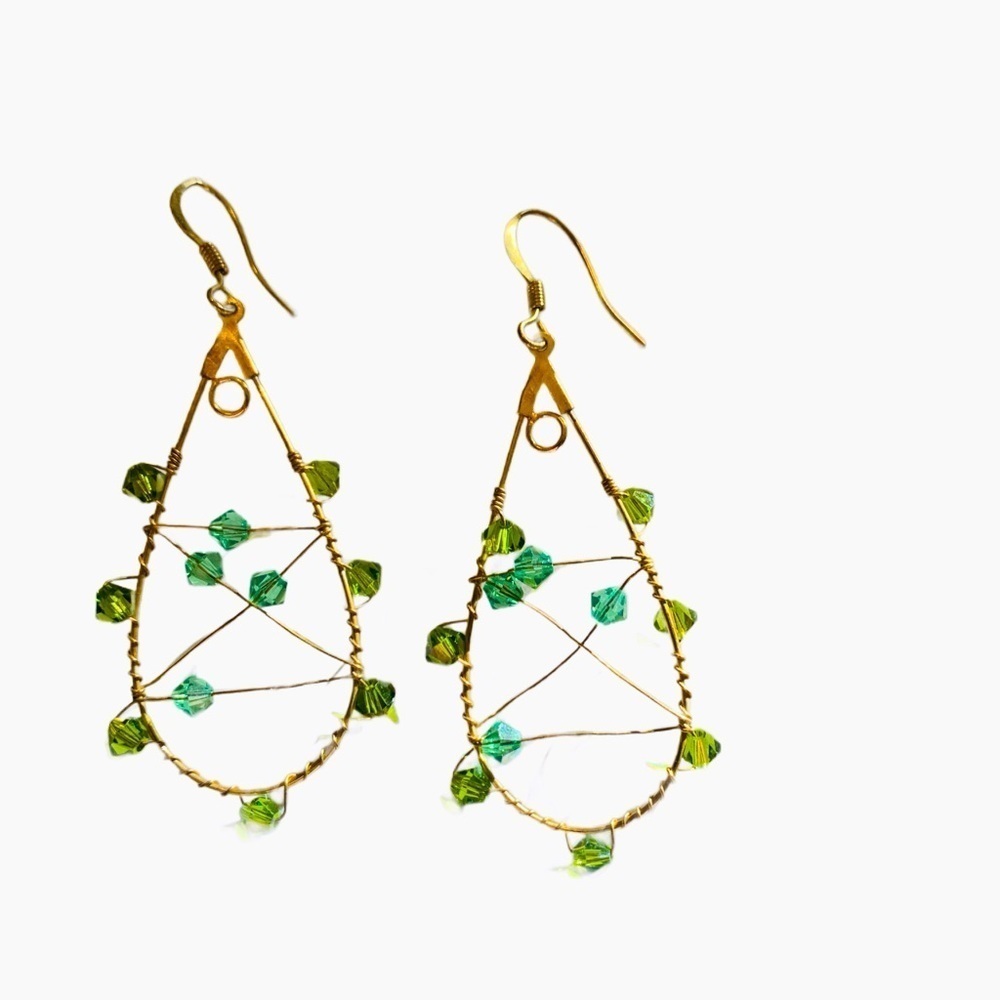 Vintage Green Glass Vine Beaded and Gold Statement Earrings